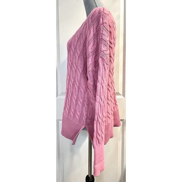 Jones & Co V Neck Pink Cable Knit Pullover Sweater Jumper Fisherman Size L - Picture 2 of 6